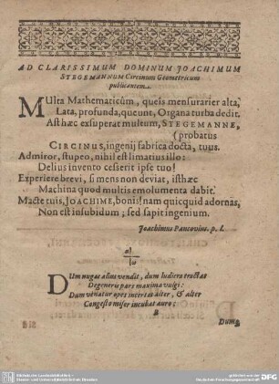 Ad Clarissimum Dominum Joachimum Stegmannum Circinum Geometricum publicantem.