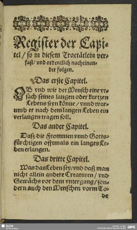 Register der Capitel, so in diesem Tractätlein verfast, und ordentlich nacheinander folgen