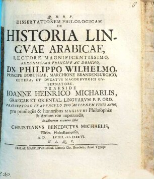 Dissertationem Philologicam De Historia Lingvae Arabicae