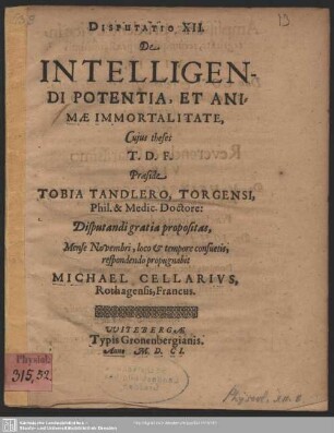 Disputatio XII. De Intelligendi Potentia, Et Animae Immortalitate
