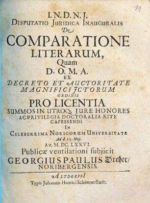 Disputatio Juridica Inauguralis De Comparatione Literarum
