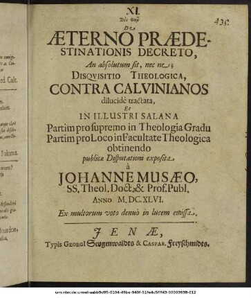 De Aeterno Praedestinationis Decreto, An absolutum sit, nec ne; Disquisitio Theologica