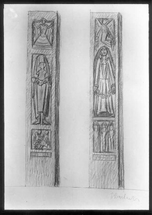 Zwei Stelenentwürfe zum Hamburger Mal : Zwei Stelenentwürfe zum Hamburger Mal: Kohlezeichnung; 66 x 47,5 cm (1930; E. Barlach). Güstrow, Heidberg 15. Atelier des Bildhauers