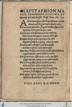 EPITAPHION MATRIS REINHARDI LORICHII, ...