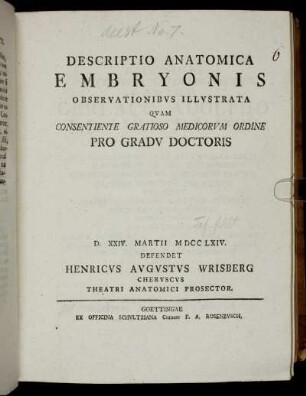 Descriptio Anatomica Embryonis Observationibus Illustrata