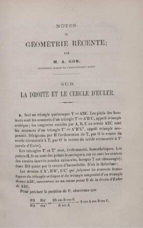 NOTES DE GÉOMÉTRIE RÉCENTE. PAR A. GOB.