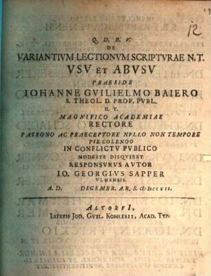 De Variantivm Lectionvm Scriptvrae N. T. Vsv Et Abvsv