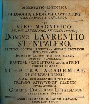 Dissertatio epistolica de philosophia Sinensivm cavte atqve circvmspecte lavdanda