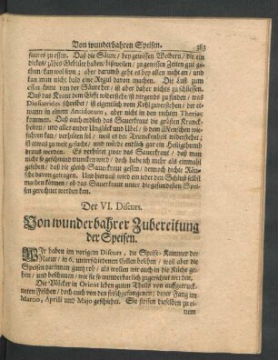 Der VI. Discurs. Von wunderbahrer Zubereitung der Speisen.