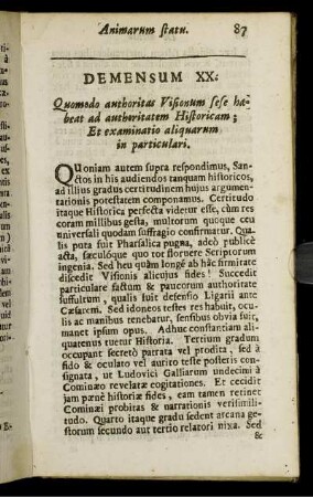 Demensum XX. Quomodo authoritas Visionum sese habeat ad authoritatem Historicam [...]