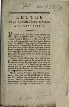Lettre du M. l'archévêque d'Auch, à M. l'Abbé Barthe