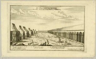 Eine der Erweiterungen auf dem Alten Johannisfriedhof im Osten von Leipzig mit Gruftarkaden und Grufthäusern, mit Legende, Nr. 53 aus Bodenehrs Europens Pracht und Macht: Prospekte, um 1720