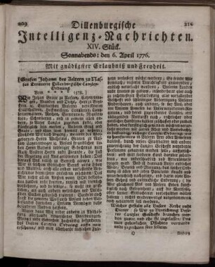 XIV. Stück: Sonnabends: den 6. April 1776.