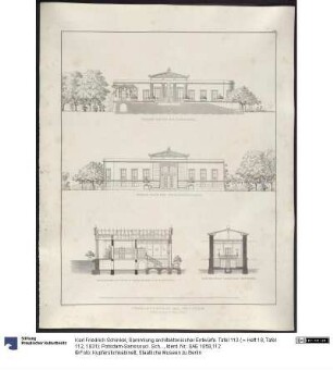 Sammlung architektonischer Entwürfe. Tafel 112 ( = Heft 18, Tafel 112, 1831): Potsdam-Sanssouci. Schloss Charlottenhof. Zwei Ansichten und zwei Schnitte