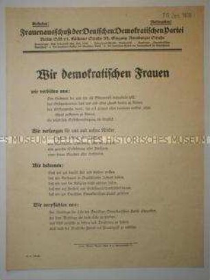 Propagandaflugblatt des Frauenausschusses der DDP für die Wahl zur Nationalversammlung