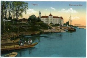 Torgau. Schloss Hartenfels mit Elbe und Fischerbooten