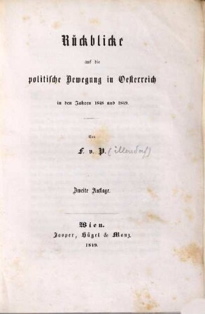 Rückblicke auf die politische Bewegung in Oesterreich : in den Jahren 1848 und 1849