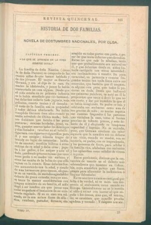 Historia de dos familias. : Novela de costumbres nacionales[. -] Capítulo tercero. "Lo que se aprende en la cuna siempre dura."