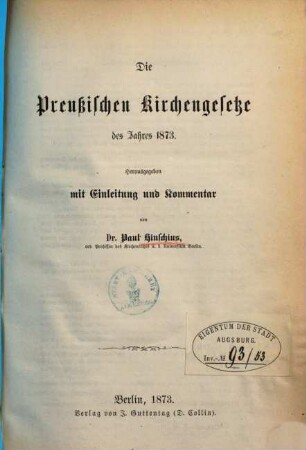Die preußischen Kirchengesetze des Jahres 1873