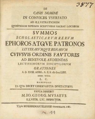 De Canis Nomine In Conviciis Vsvrpato Ad Illvstrationem Qvorvndam Inprimis Scriptvrae Sacrae Locorvm
