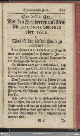 Das XCII. Cap. Von den Freyherren und Grafen Colonna von Fels oder Völs
