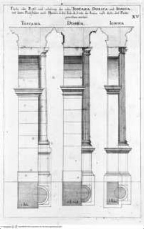 L'Academia Todesca della Architettura, Scultura e pittura: Oder Teutsche Academie der Edlen Bau- Bild- und Mahlerey-Künste:..., 1. Teil, 1. Buch, Tafel XV: Fleche oder Profil und Erhebung der Ordre Toscana, Dorica, Ionica