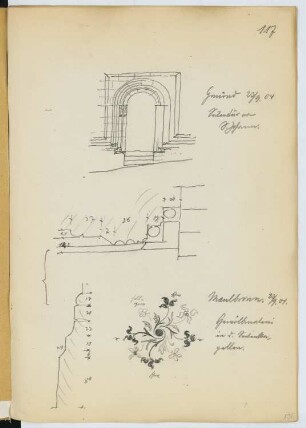 Johanneskirche, Gmünd / Kloster Maulbronn: Ansicht, Schnitt Portal Gmünd, Details Maulbronn (aus: Skizzen- und Fotoalbum 24)