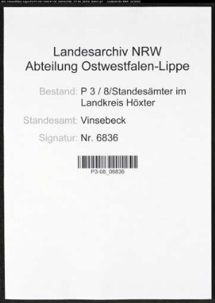 Sterberegister Standesamt Vinsebeck