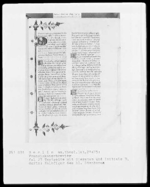 Franziskanisches Brevier — Initiale D, darin Halbfigur des heiligen Stephanus, Folio 23recto