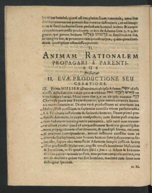 Animam Rationalem Propagari a Parentibus Probatur II. Evae Productione Seu Creatione.