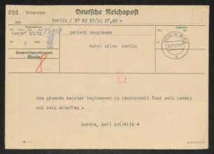 Brief von Käthe Kollwitz und Karl Kollwitz an Gerhart Hauptmann