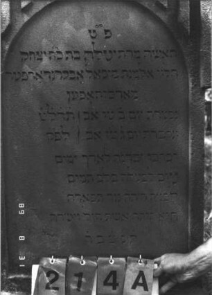 Grabstein 214 (Index: 99609850) Material: Sandstein Zustand: leicht verwittert Maße HxBxT: 192x69x30 cm Beschreibung: Stele, Giebelaufsatz mit Seitenakroteren, Mittelpalmette, Schriftfeld eingetieft mit Rundbogenabschluß, getreppter Sockel Symbolik: Rosette: Grabstein 214A