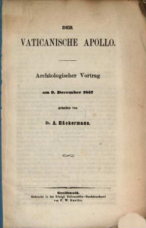 Der vaticanische Apollo : archäologischer Vortrag am 9. December 1857