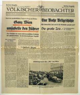 Fragment der Tageszeitung "Völkischer Beobachter" zu einem Besuch Hitlers in Wien nach der Annexion der "Rest-Tschechei"