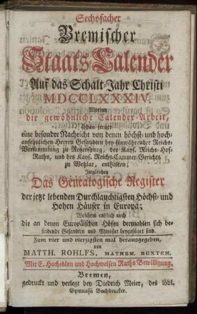 1784: Bremischer sechsfacher Staats-Calender