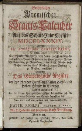 1784: Bremischer sechsfacher Staats-Calender