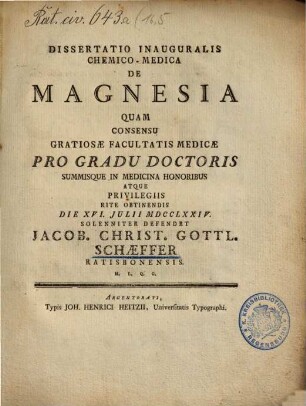 Dissertatio Inauguralis Chemico-Medica De Magnesia