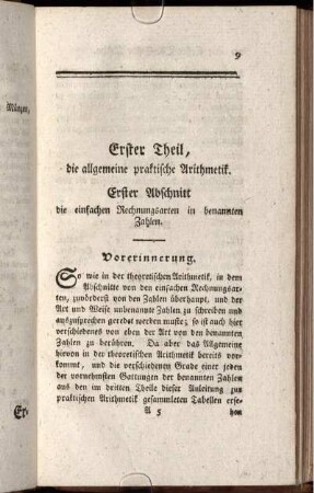 Erster Theil, die allgemeine praktische Arithmetik. Erster Abschnitt die einfachen Rechnungsarten in benannten Zahlen.