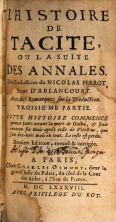 Les Oeuvres De Tacite, 3. L' Histoire De Tacite, Ou La Suite Des Annales