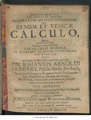 Dissertatio Medica Inauguralis De Renum Et Vesicae Calculo