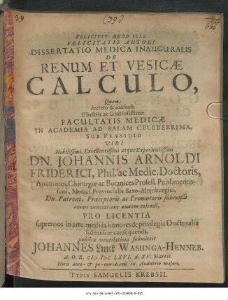 Dissertatio Medica Inauguralis De Renum Et Vesicae Calculo