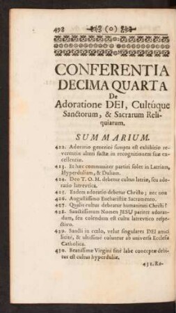 Conferentia Decima Quarta De Adoratione Dei, Cultúque Sanctorum, & Sacrarum Reliquiarum