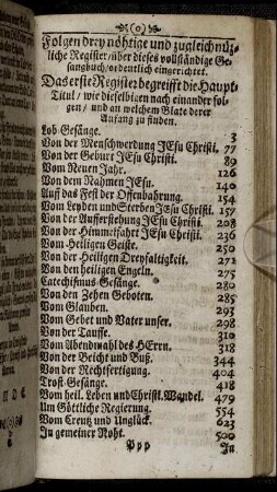 Folgen drey nöhtige und zugleich nüzliche Register [...] Das erste Register begreifft die Haupt-Titul, wie dieselbigen nach einander folgen, und an welchem Blate derer Anfang zu finden.