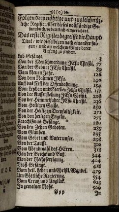 Folgen drey nöhtige und zugleich nüzliche Register [...] Das erste Register begreifft die Haupt-Titul, wie dieselbigen nach einander folgen, und an welchem Blate derer Anfang zu finden.