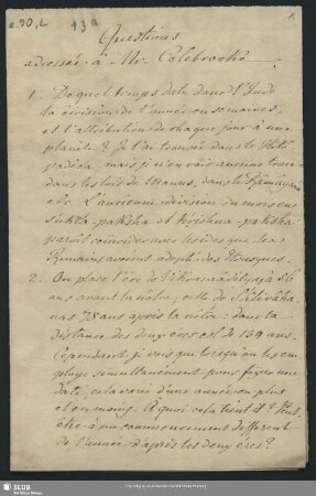 13.a-b: Questions adressées à Mons. Collebrooke et Réponses de M. Colebrooke
