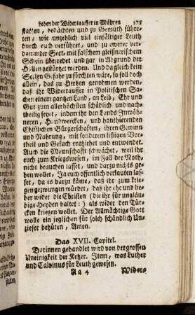 Das XVII. Capitel. Darinnen gehandlet wird von der grossen Uneinigkeit der Ketzer. Item, was Luther und Calvinus für Leuth gewesen.