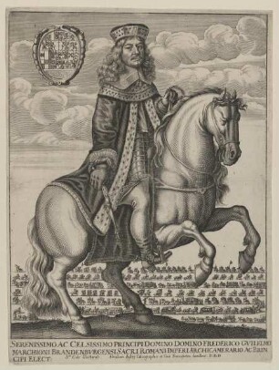 Reiterbildnis des Kurfürsten Friedrich Wilhelm von Brandenburg (Kölln/Spree 16.02.1620 - Potsdam 09.05.1688, reg. ab 1640) im Kurornat nach rechts, vor einer Kalvalkade (Einzug in Frankfurt)