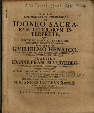 Commentatio Theologica De Idoneo Sacrarvm Literarvm Interprete