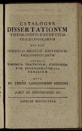 Part. III. Continuatio XV. Lipsiae MDCCLXXIX.
