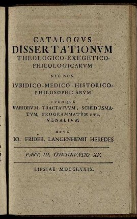 Part. III. Continuatio XV. Lipsiae MDCCLXXIX.
